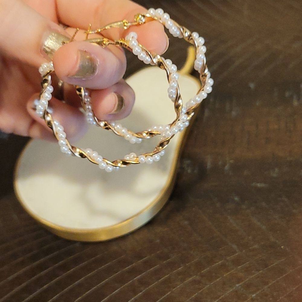 Pearl Wrap Gold Hoop 2-Inch Earrings in Gold & White